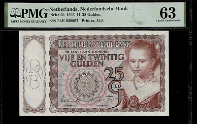 Netherlands 25 Gulden 1943 PMG 63 UNC P#60 Nederlandsche Bank - Image 1 of 4