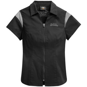 HD Skull Logo Zip-Front Shirt Damen schwarz Harley Davidson Bluse Kurzarmshirt 