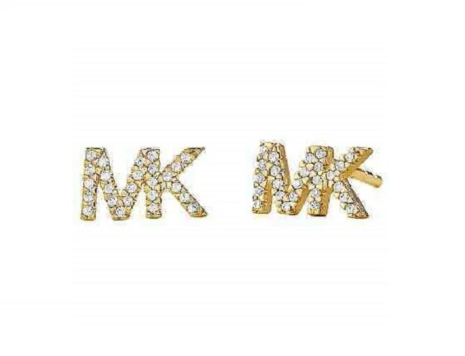 Michael Kors Gold Tone Crystals Glitz MK Logo Stud Earrings Mkj7632
