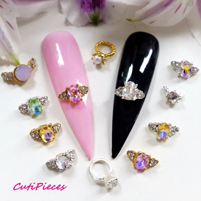 3D Nail Art Silver Gold Alloy Rings Mix Solitaire Oval Rhinestone Metal Gems - Image 1 of 3