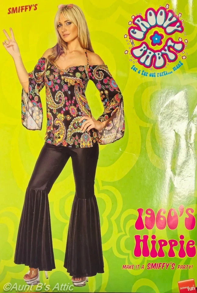 Pantalón Disco Estilo Años 70 2 Piezas Negro/Multi Campana Parte Inferior Pantalones y Estampado Top Disfraz Foto 1 de 4