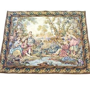 Vintage Pictorial Tapestry Wall Hanging European Art Style Fishing Group 4’ X 5’ - Picture 1 of 14
