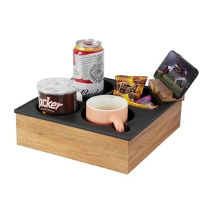 Couch Cup Holder Tray, Soft Food Grade Silicone Acacia Wooden Couch Caddy for... - Picture 1 of 8