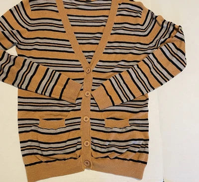 Forever 21 Cardigan Sweater Striped Grunge Button Front Womens M Carmel Black - Image 1 of 4