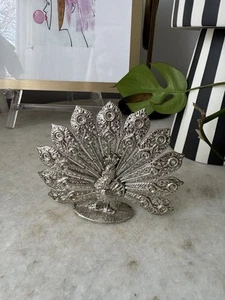 Vintage Metal Peacock 5" Earring Holder Silver Tone 1980s - Picture 1 of 4