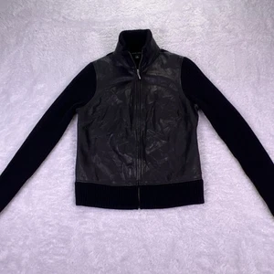 Chaqueta Suéter Banana Republic Mujer Pequeña Cuero de Cabra y Lana Negra Cremallera Completa - Imagen 1 de 8