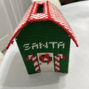 Vintage Needlepoint Christmas Tissue Box Cover Hand Made Santa Claus House - Picture 1 of 8