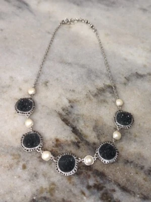 LUCKY BRAND Black Drusy & White Pearl Statement Necklace Silver-Tone - Image 1 of 4