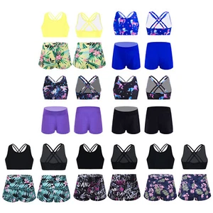 Kids Girls Sport Suit U Neck Spaghetti Straps Rear Cross Gym Yoga Running Set - Picture 1 of 94