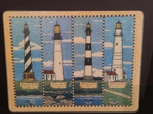 Vintage Scenes Of 4 Lighthouses On Cutting Board, Glass, Serving Tray 15" X 11" - Picture 1 of 10