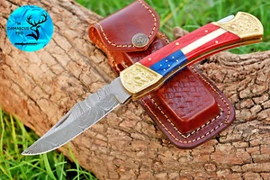CUSTOM HANDMADE FORGED DAMASCUS STEEL FOLDING POCKET KNIFE W/ WOOD HANDLE 1505 - Picture 1 of 4