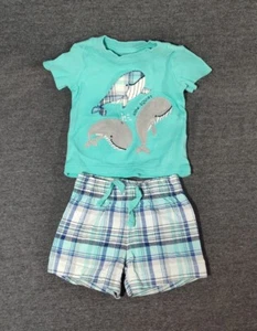 Carter's Infant Shirt / Shorts Set Dolphin Plaid 3 Mon. Short Sleeve Blue Green - Picture 1 of 8