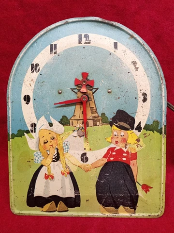 Vintage Dutch Children windmill Metal Tin litho Rare Wall Hanging Electric Clock Cover