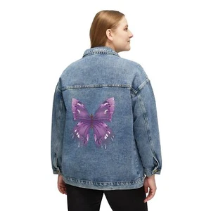 Chaqueta de mezclilla Niki's púrpura mariposa abrigo de jean desgastado para mujer - Imagen 1 de 5