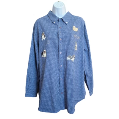 Bobbie Brooks Womens Blue Check Button Up Shirt 18W 20W Dog Puppy Patches Bling - Image 1 of 4