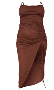 Pretty Little Thing Maternity Dress Womens 2 Brown Ruched Side Split Midi - Picture 1 of 10