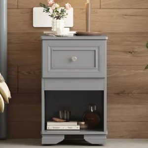 Elegant Nightstand with Drawer and Open Shelf, Classic Retro Bedside Table, Gray - Picture 1 of 14