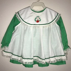 Vintage Pinafore Dress Green Polka Dot White Rick Rack Lace Flower Pot 12-24 Mo - Picture 1 of 12