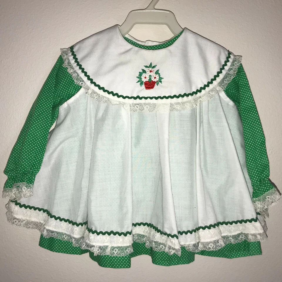Vestido Delantal Vintage Verde Lunares Blanco Rick Rack Encaje Maceta 12-24 Mo Foto 1 de 4