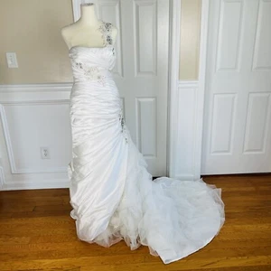 KITTY CHEN White Beaded One Shoulder Pleated Lace Corset Wedding Dress Size 2-4 - Picture 1 of 11