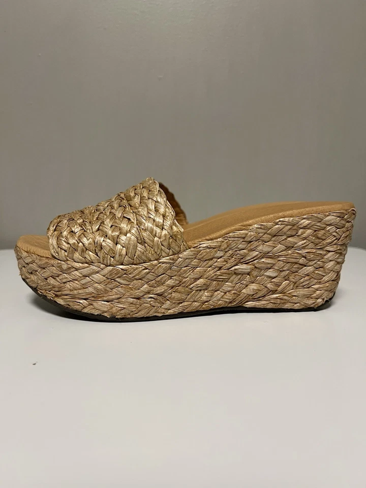 Chocolat Blu Yunis Raffia Wedge Heel Sandals US 9.5 Tan Slip On Shoes Boho - Image 1 of 4