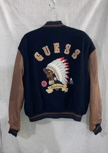 Vintage Guess Aztec Indian Head Wolljacke Lederärmel Varsity Herren L Neu - Bild 1 von 14