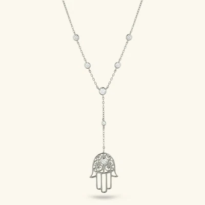 Collier Hamsa Main Filigrane CZ Plaqué Or Blanc Argent Sterling 925 18" - Photo 1/4