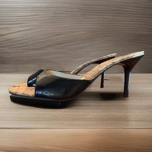 Vintage y2k Mules Heels Slides Faux black Patent Leather Grunge Going out 7.5 - Picture 1 of 6