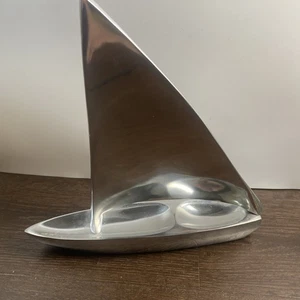 Vintage Sailboat Sculpture Smooth Polished Silver Cast Aluminum 12” - Picture 1 of 5