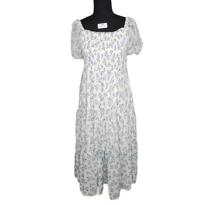 Vestido maxi celebridade rosa floral batido branco azul manga folhada quadrado tamanho M - Imagem 1 de 4