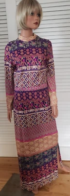 Винтажный 1970-х годов моды фиолетовый розовый зеленый оранжевый бежевый колонка макси платье размер S/M - Изображение 1 из 4