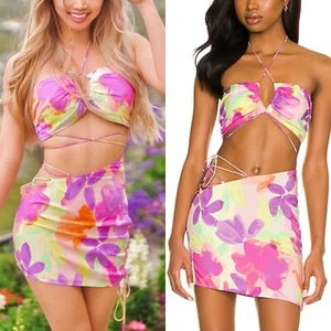 SET For Love & Lemons X Revolve Monique Minirock rosa Blumen Festival Rave M - Bild 1 von 14