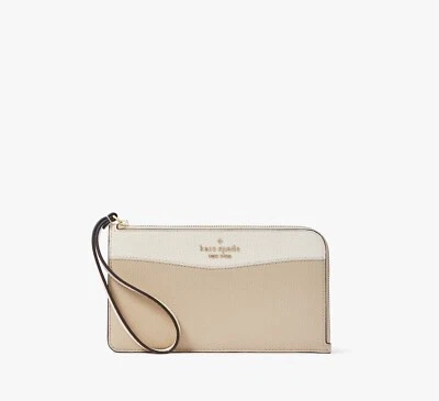 全新 Kate Spade Lucy 中号 L-Zip 皮革腕带 颜色块 浅砂 全新带标签 — 第 1/4 张图片