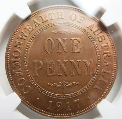 AUSTRALIA Britain 1 Penny 1917 NGC MS 62 BN UNC Calcutta Luster Britain War - Image 1 of 3