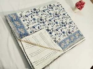 Handmade Kantha Block Print King Size Bedspread Cotton Kantha Quilt Throw - Picture 1 of 9