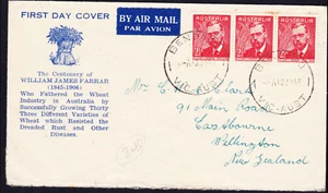1948 Willliam Farrer Pioneer Wheat Strip of 3 Australia WOODGER FDC to NZ - Picture 1 of 1