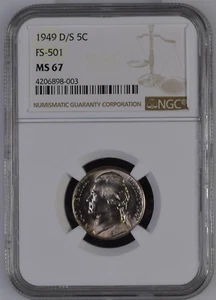 1949-D/S NGC MS67 Pop 5/0 ๐ด Jefferson Nickel โ
 5C OVER-MINTMARK - Picture 1 of 3