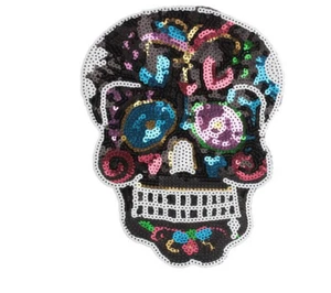 day of the dead HOTFIX iron skull sequin embroidered lace applique motif patch - Picture 1 of 1