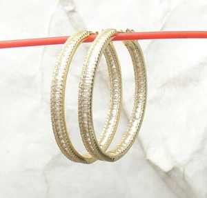 1.5"  Inside Out Pave Baguette CZ Hoop Earrings 14K Yellow Gold Plated Silver - Picture 1 of 4