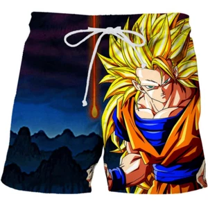 Mens DBZ Super Saiyan 3 Goku Prining Beach Suit Swim Leisure Shorts Pockets - Picture 1 of 4