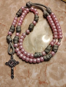 Pink Pearl Paracord Rosary Beads with Ornate Silver crucifix Handmade in USA - Picture 1 of 3