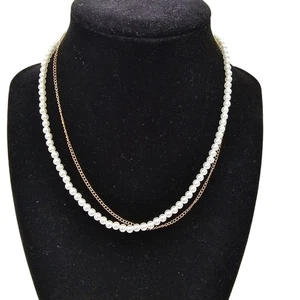 Double-Strand Pearl Chain Collar Necklace & Dainty Gold Chain 15"+3" - Picture 1 of 4