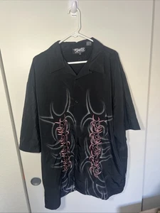 Camicia Vintage Libellula Uomo XXXL Nera Tribale Bottoni Manica Corta Camp Y2K - Foto 1 di 3
