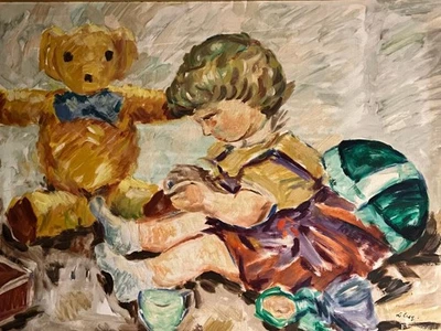 Pintura a óleo original vintage retrato menina criança urso de pelúcia e boneca meados do século - Imagem 1 de 4