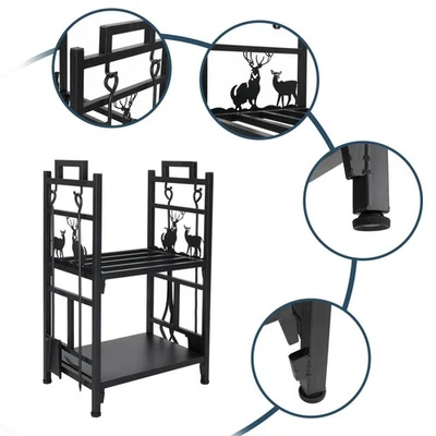 Soporte para leña de 30" estante dos pisos leña tronco almacenamiento de madera con herramientas negro Foto 1 de 4