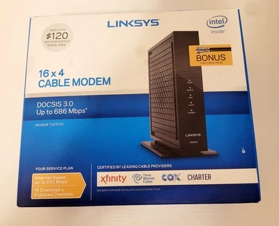 Linksys Cable Modem CM3016, Intel 16x4 DOCSIS 3.0 Up to 686 Mbps in Black - Image 1 of 2