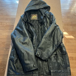 Vtg World Alliance Originals Leather Hooded Jacket Full Zip Button Snap Black XL - Picture 1 of 12