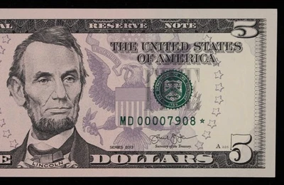 $5 2013 GEM CU Star Federal Reserve Note MD00007908* SINGLE RUN ISSUE 320K print - Image 1 of 3