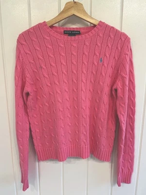 Ralph Lauren 女式粉色电缆针织圆领毛衣中号经典学院风 — 第 1/4 张图片