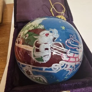 Weihnachtsschmuck blau Weihnachtsmann mit Schlitten Rückseite Glas bemalt Le Bien blau - Bild 1 von 15